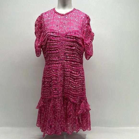 Tanya Taylor Carti Dress Ruffle Layered Midi Polka Dot Chiffon Silk Pink Size 4 - Picture 2 of 15
